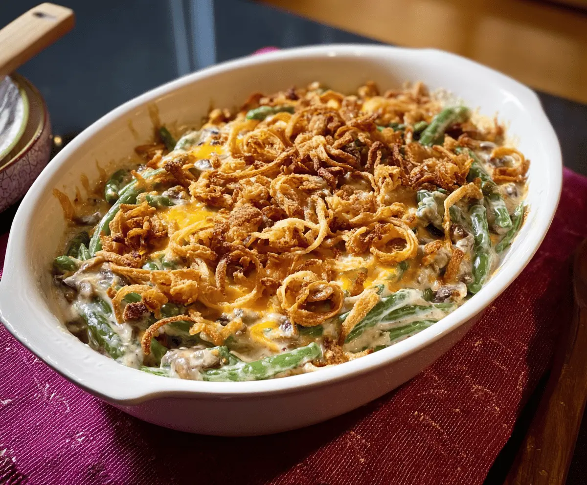 Delicious green bean casserole topped with crispy fried onions, served in a white baking dish.
