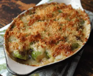 Delicious Brussels Sprouts Gratin topped with golden cheese in a baking dish