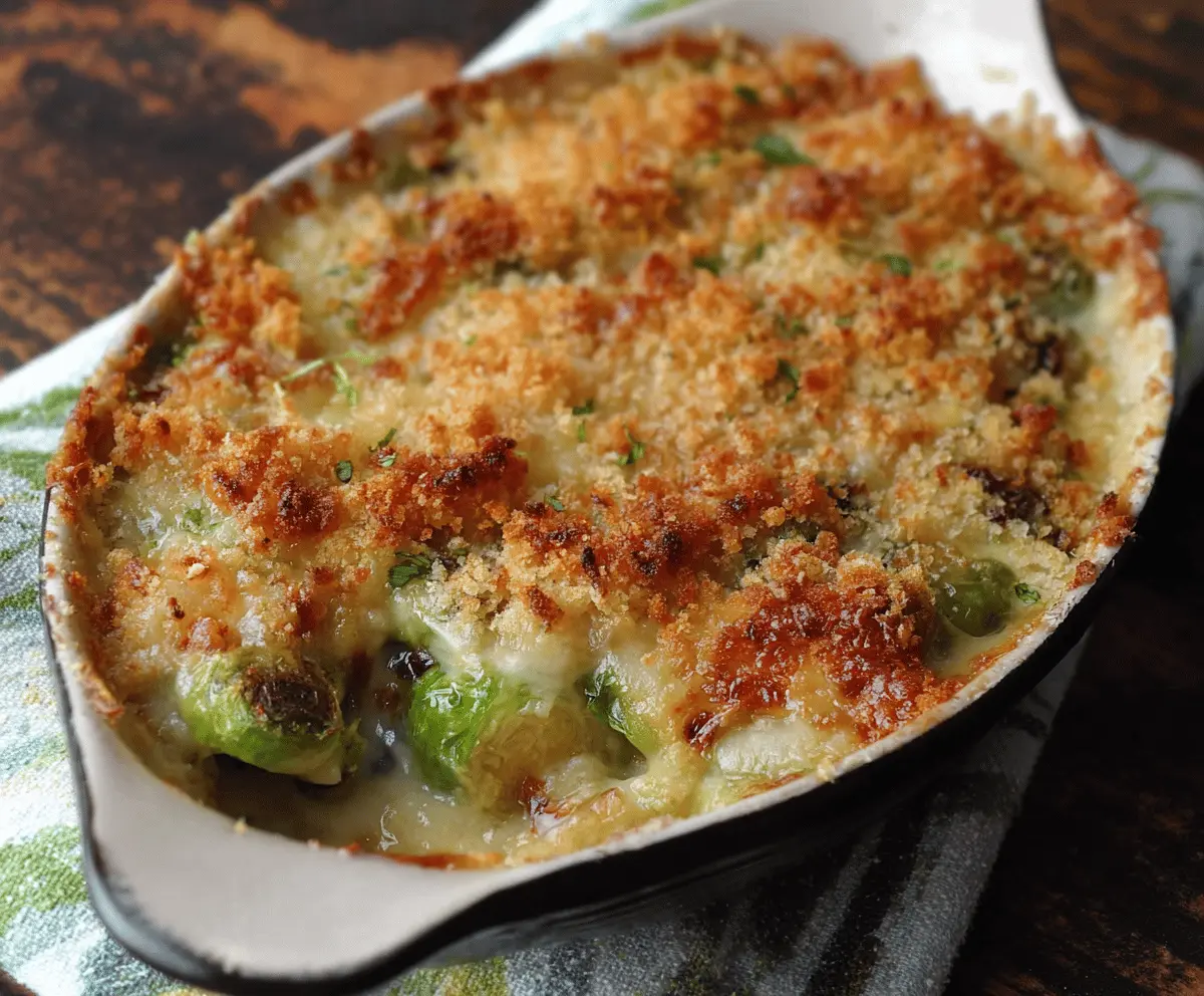 Delicious Brussels Sprouts Gratin topped with golden cheese in a baking dish