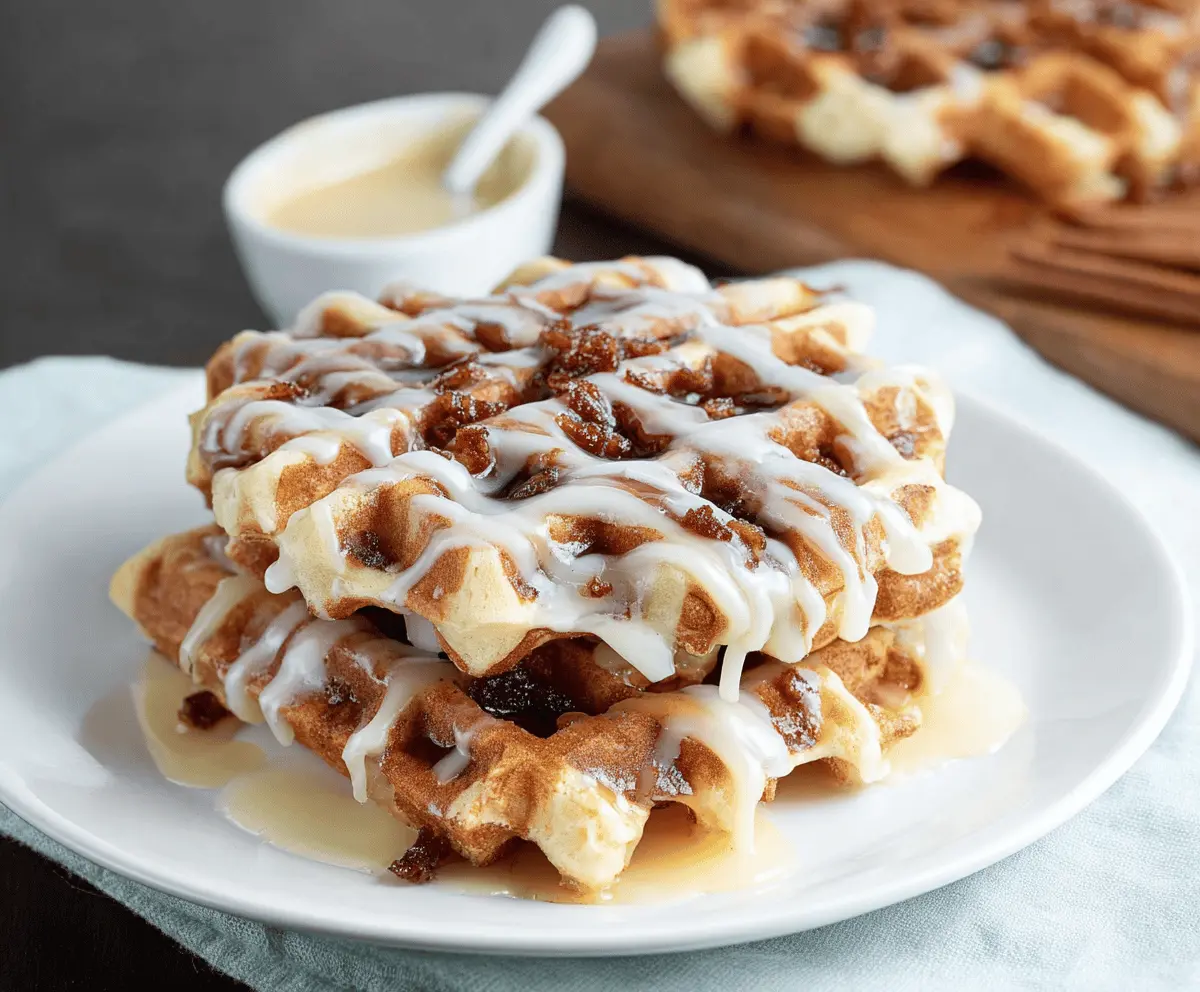 Delicious cinnamon roll waffles topped with icing, perfect for breakfast or brunch.