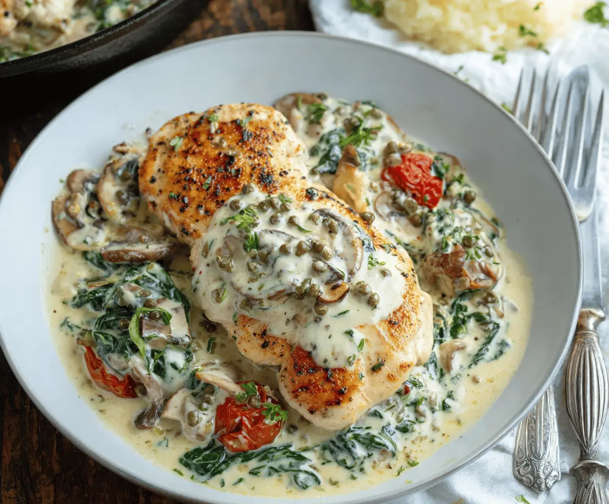 Delicious creamy Mediterranean chicken skillet with fresh herbs and vegetables on a rustic plate.