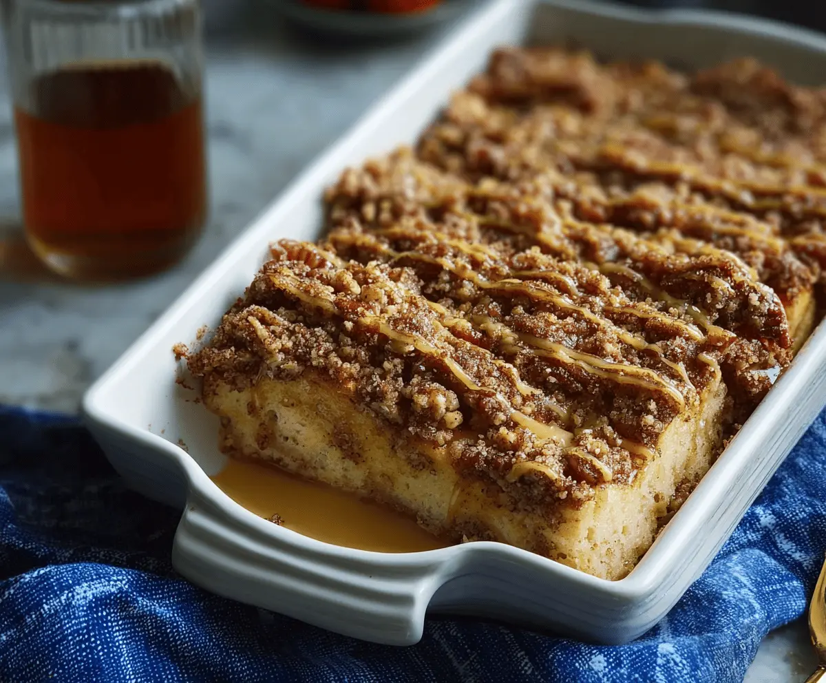 Delicious overnight pancake casserole topped with a golden streusel streusel for a perfect breakfast treat