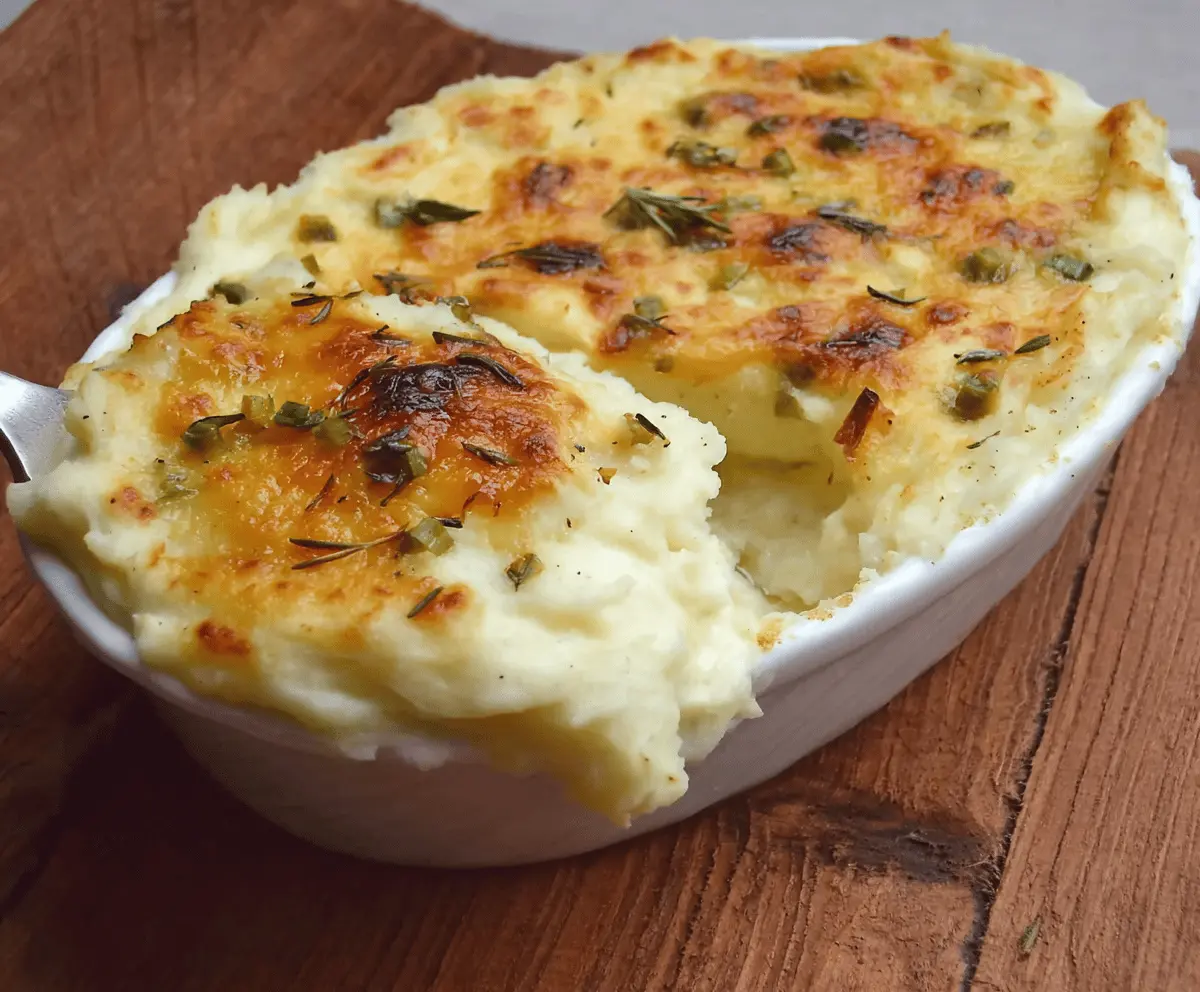 Creamy garlic mashed potato casserole topped with golden-brown crust, perfect for comfort food lovers.