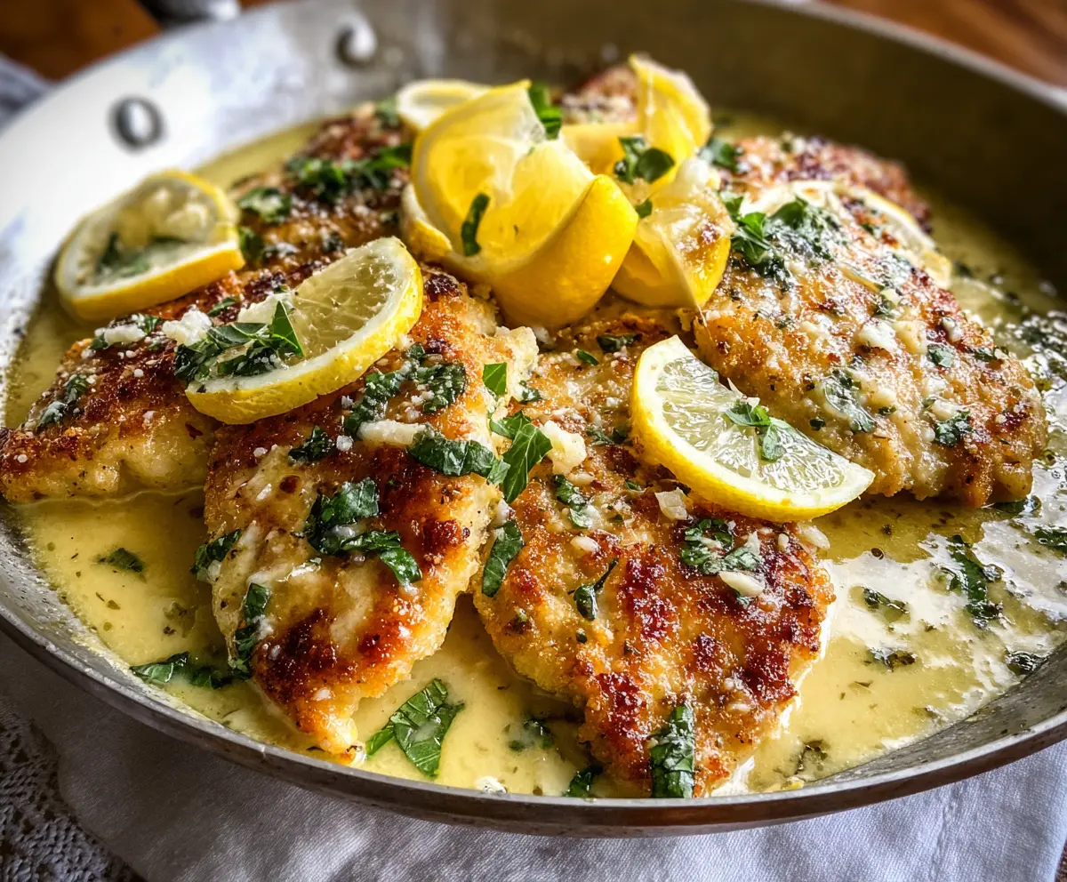 Delicious Lemon Chicken Romano served with a flavorful lemon and garlic sauce garnished with fresh herbs.