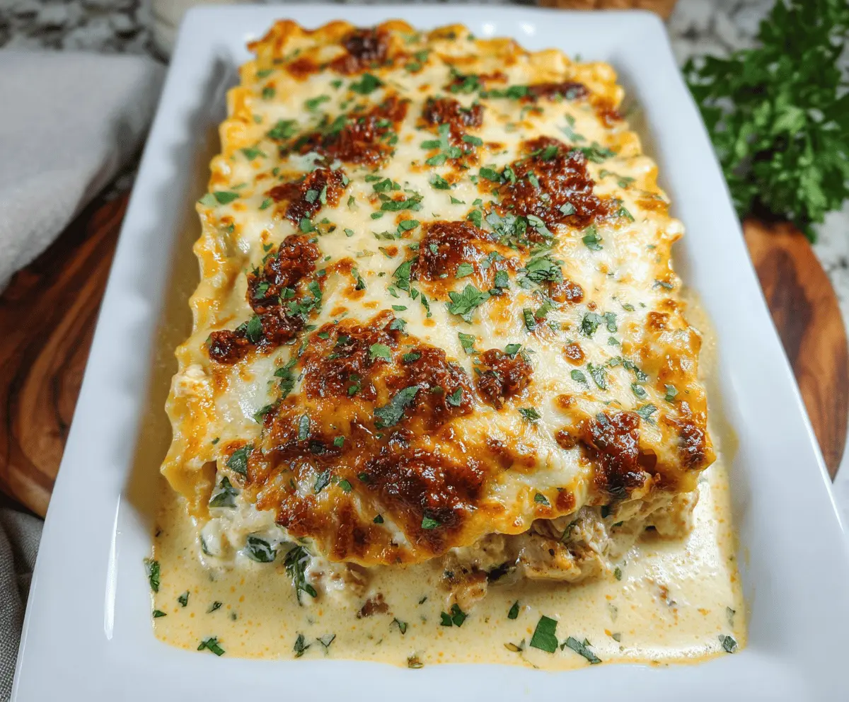 Delicious Marry Me Chicken Lasagna with layers of melted cheese and flavorful chicken in a rich sauce