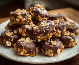Delicious no-bake peanut butter pretzel clusters with chocolate drizzle and crunchy texture.