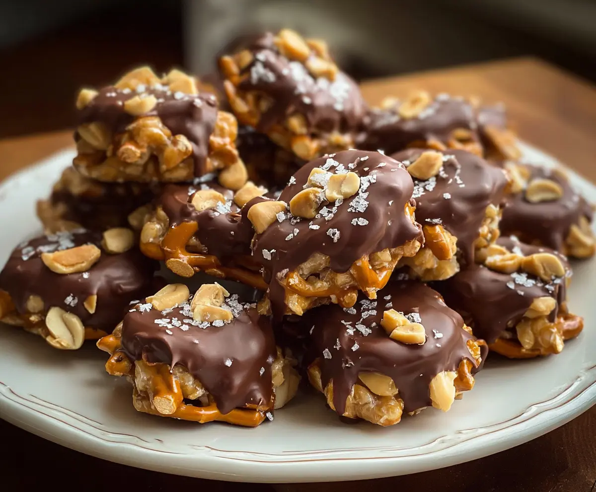 Delicious no-bake peanut butter pretzel clusters with chocolate drizzle and crunchy texture.