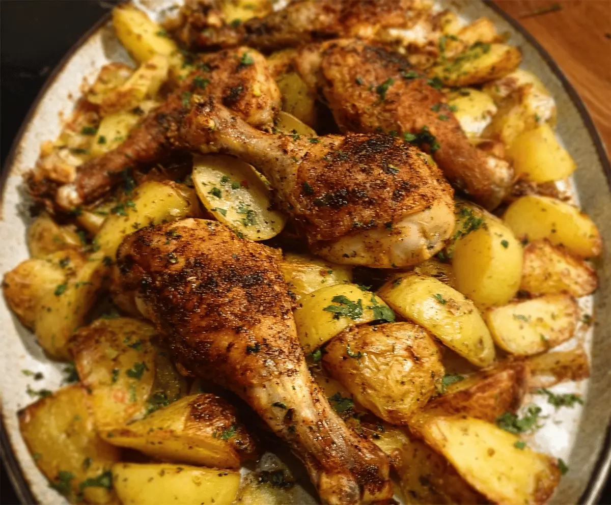 Delicious oven baked chicken legs with crispy potatoes on a baking tray.