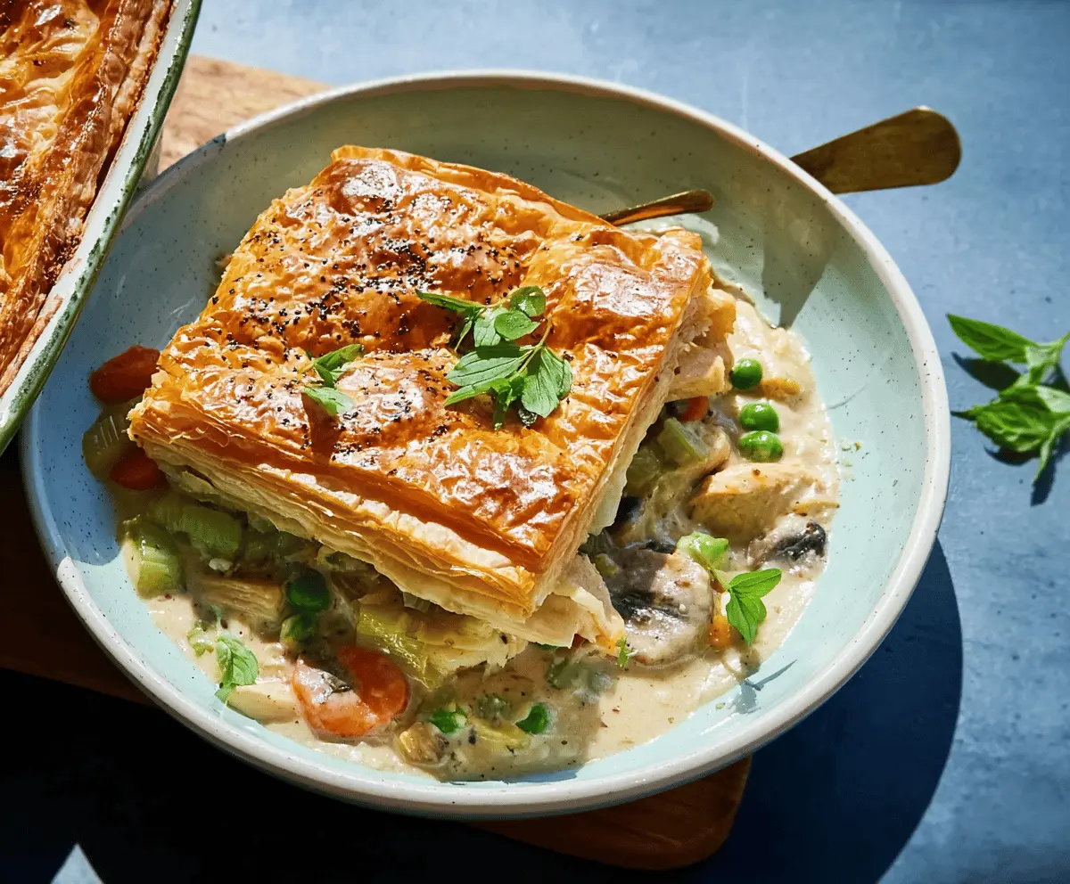 Golden puff pastry chicken and leek casserole served in a baking dish with melted cheese on top.