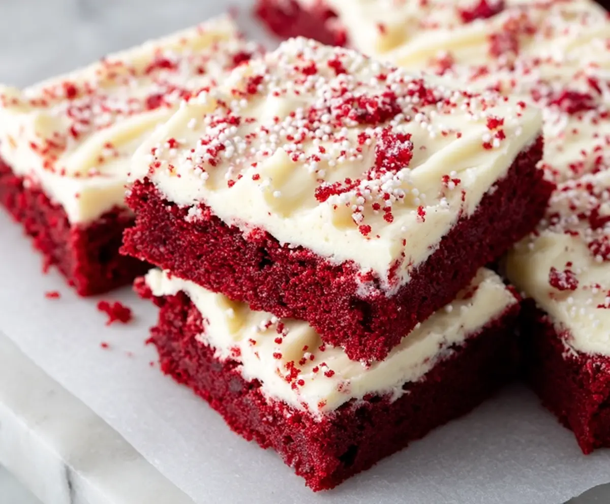 Delicious Red Velvet Cookie Bars with cream cheese frosting on a white plate
