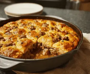 Delicious simple sausage casserole topped with melted cheese and fresh herbs, perfect for a cozy dinner.