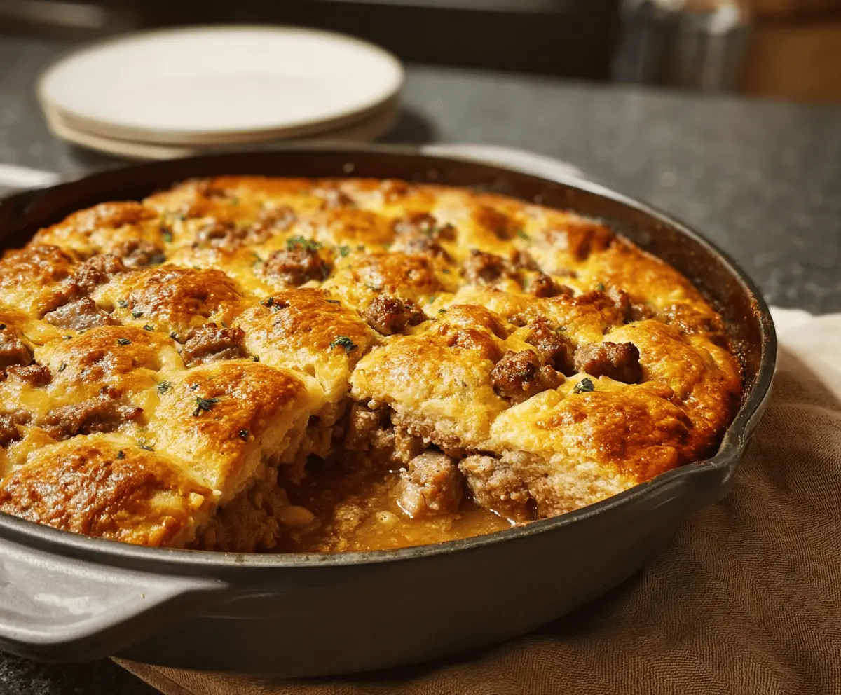 Delicious simple sausage casserole topped with melted cheese and fresh herbs, perfect for a cozy dinner.