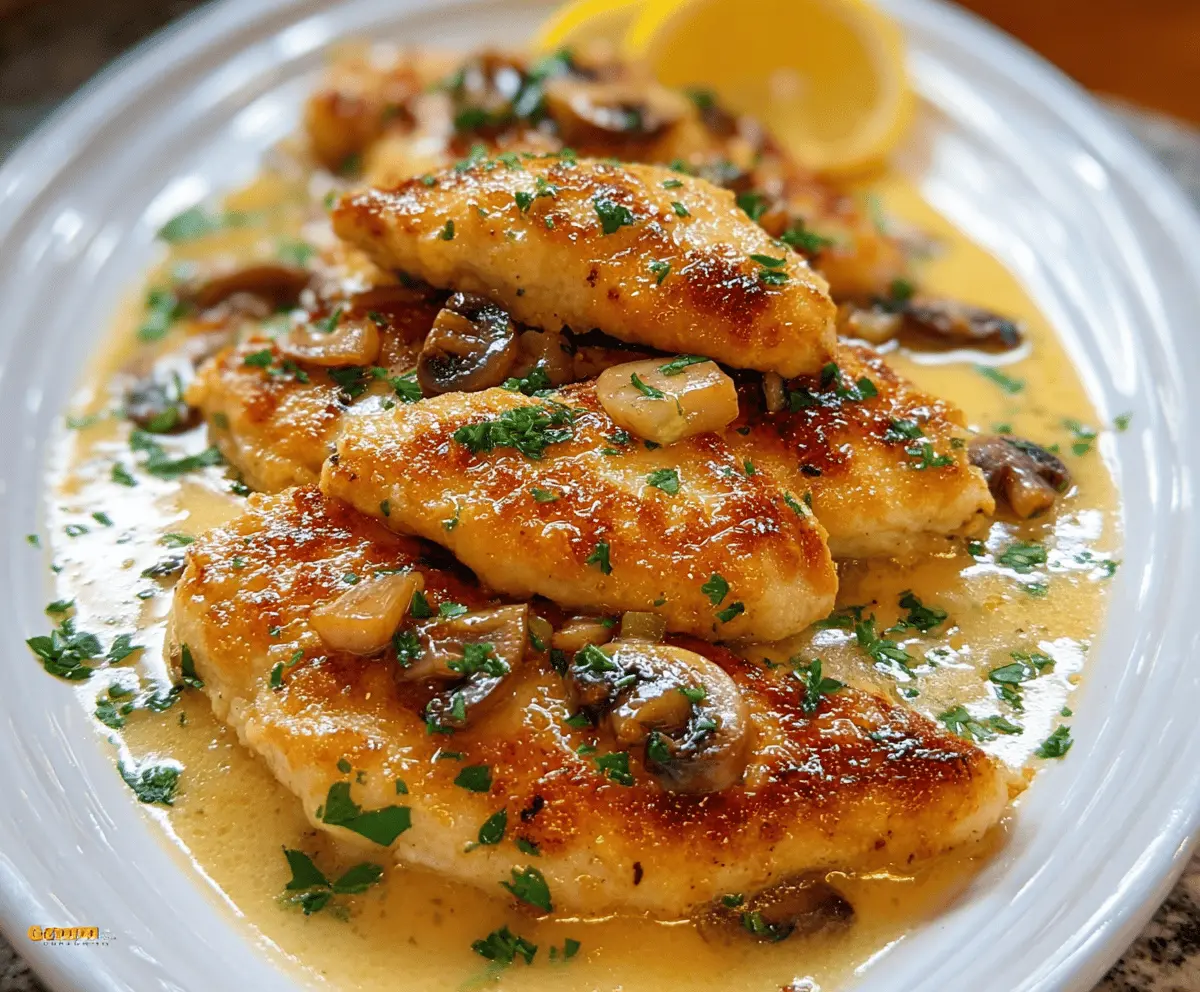 Delicious chicken scallopini dish garnished with fresh herbs on a white plate.