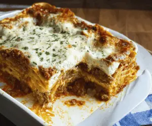 Delicious homemade lasagna with layers of cheese, meat sauce, and pasta, showcasing the world's best lasagna recipe.