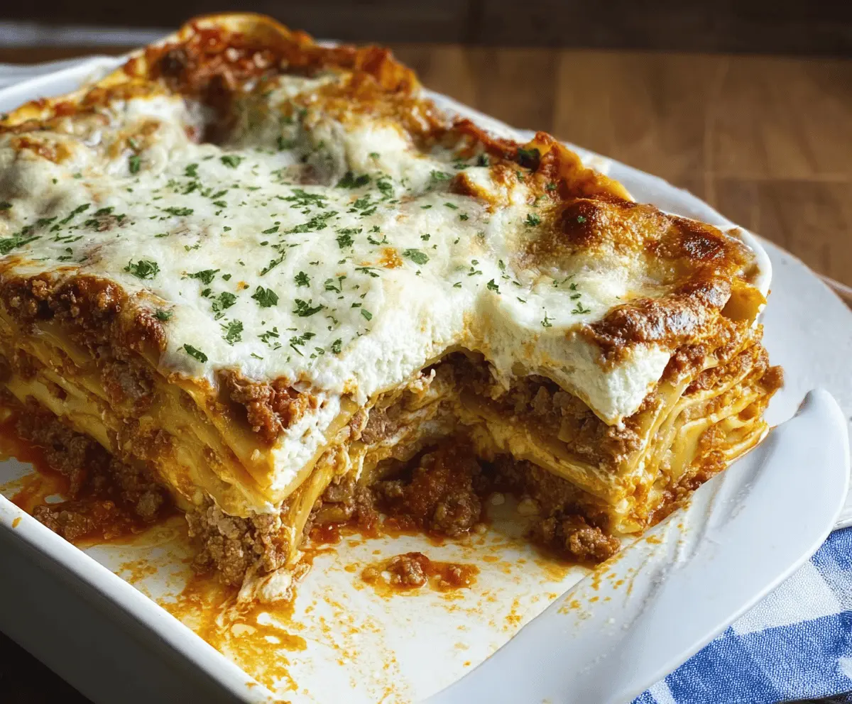 Delicious homemade lasagna with layers of cheese, meat sauce, and pasta, showcasing the world's best lasagna recipe.