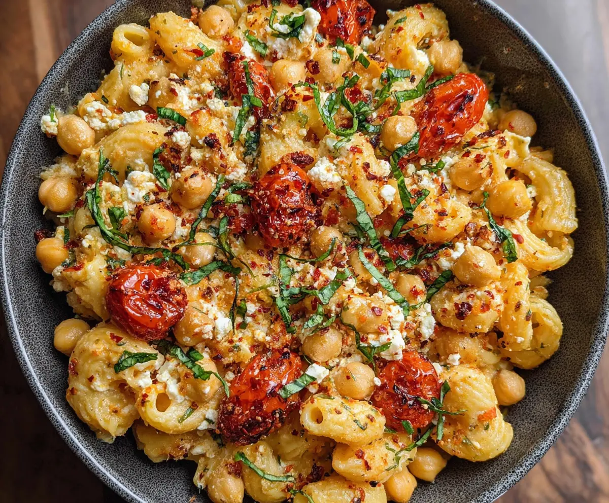 Delicious baked feta pasta with chickpeas, garnished with fresh herbs and olive oil.