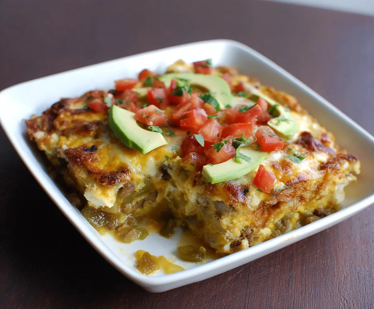 Delicious Breakfast Burrito Bake with layers of eggs, cheese, and breakfast sausage ready to serve.