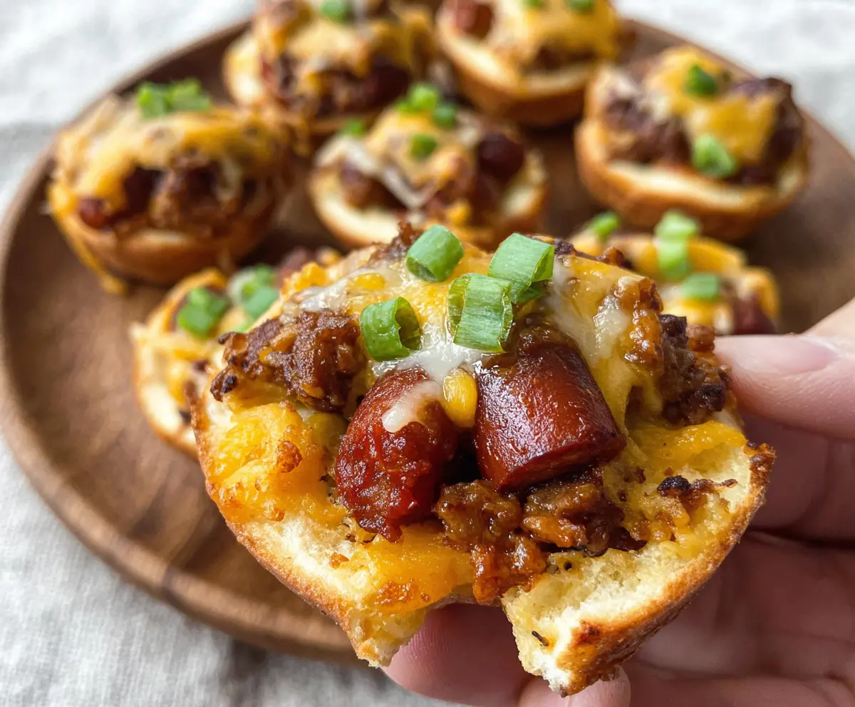 Delicious cheesy chili dog cups topped with melted cheese and fresh herbs, perfect for a quick snack or party appetizer.