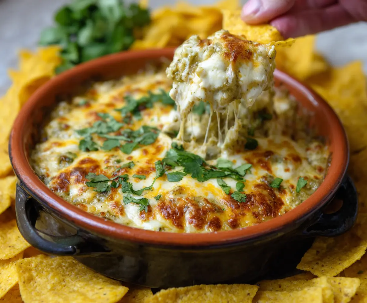 Creamy Cheesy Salsa Verde Dip served with tortilla chips, perfect for parties and snack time