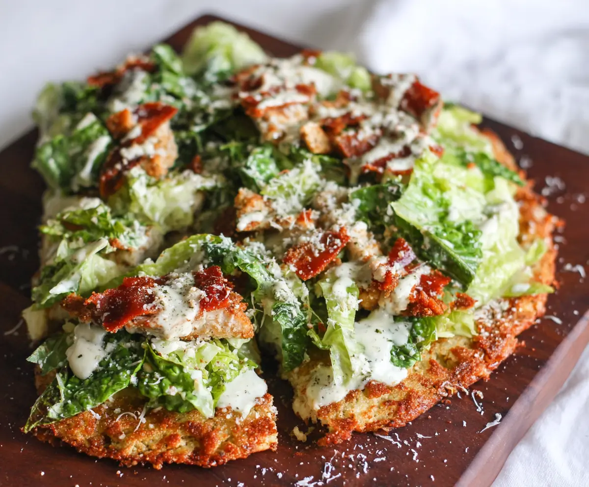 Delicious Chicken Crust Caesar Salad Pizza topped with fresh romaine lettuce and Caesar dressing.