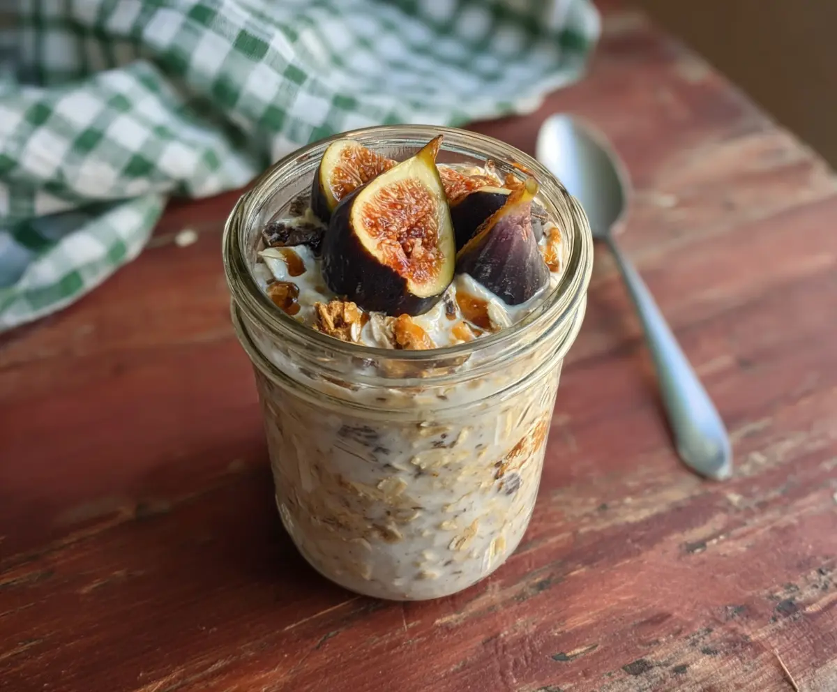 Creamy coconut fig overnight oats in a glass jar topped with fresh figs and shredded coconut