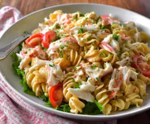 Delicious crab pasta salad with fresh herbs and lemon slices for a summery seafood dish