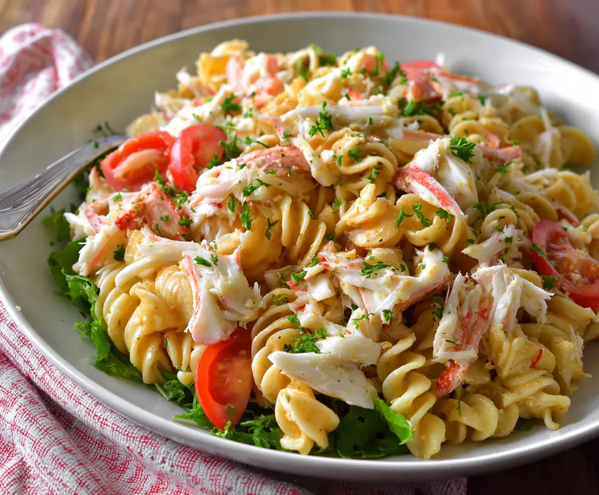 Delicious crab pasta salad with fresh herbs and lemon slices for a summery seafood dish