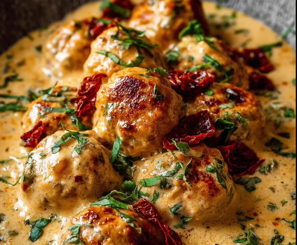 Delicious Creamy Marry Me Chicken Meatballs served on a plate, garnished with fresh herbs.