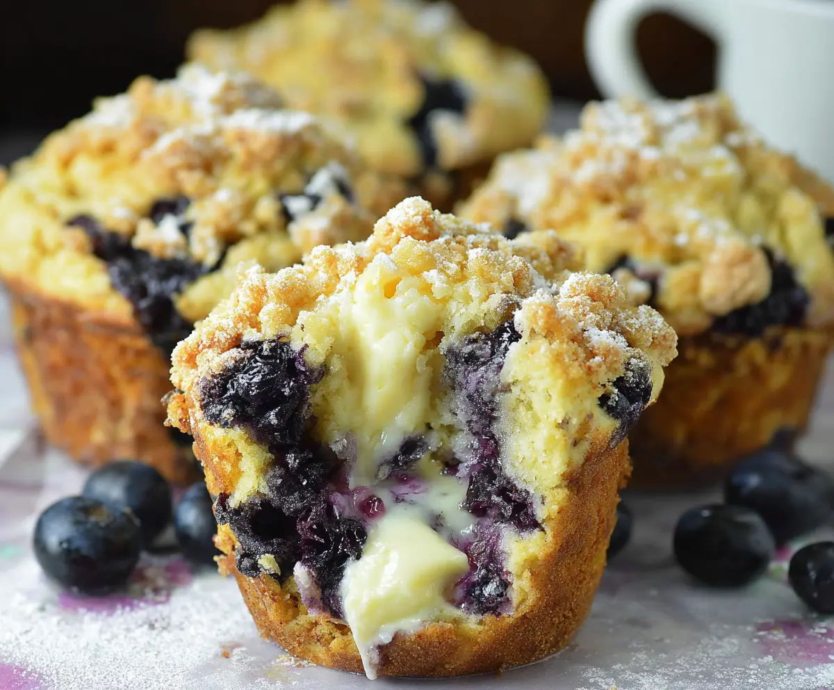 Freshly baked blueberry muffins with cream cheese filling on a rustic baking tray.