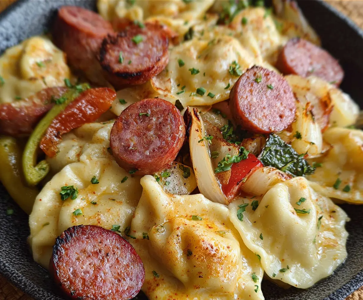 Delicious easy sheet pan pierogies and kielbasa served on a baking sheet with roasted vegetables.