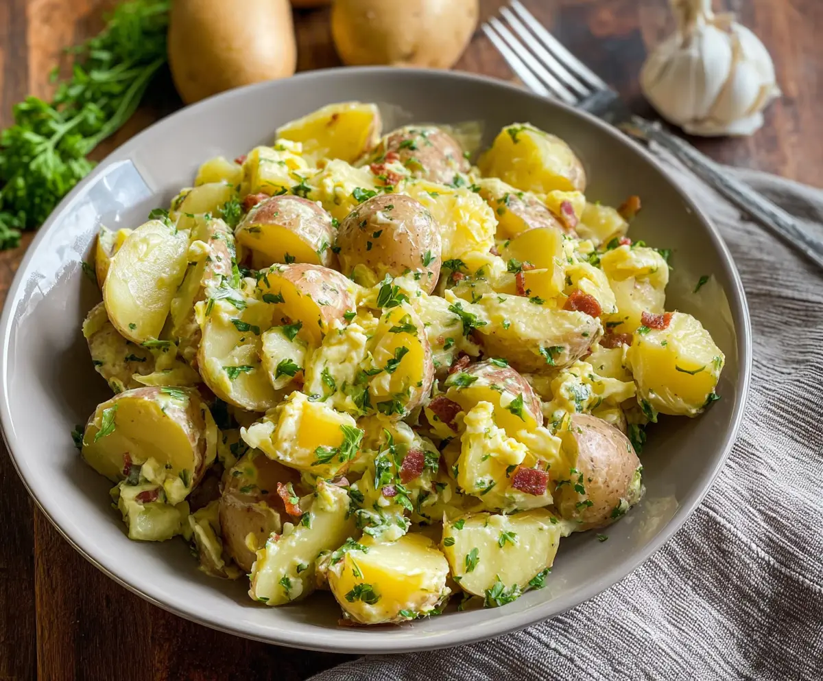 French style potato salad with fresh herbs, creamy dressing, and boiled potatoes on a rustic wooden table.