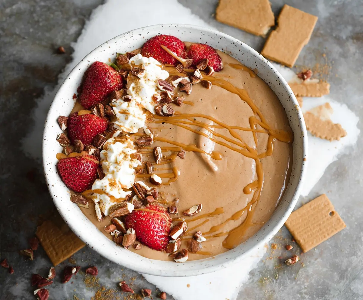 Creamy gingerbread smoothie bowl topped with whipped cream and festive spices for a holiday treat.