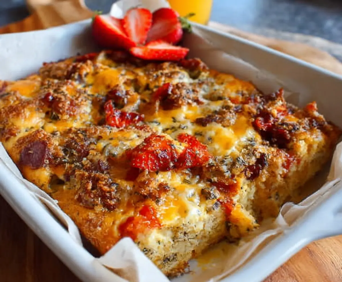 Delicious gluten-free breakfast casserole with eggs, vegetables, and cheese ready to serve.