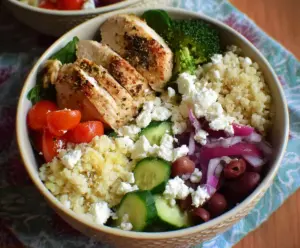 Fresh Greek Chicken Bowl with colorful vegetables and creamy sauce, perfect for a healthy meal.