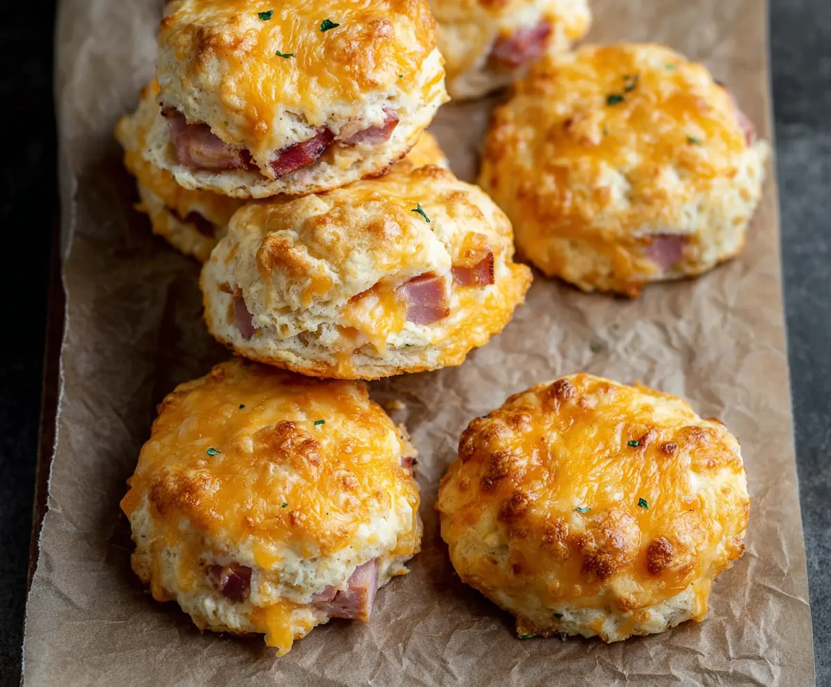 Delicious homemade ham and cheese biscuits fresh out of the oven.