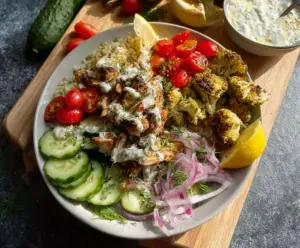 Healthy Chicken Shawarma Bowls featuring grilled chicken, fresh vegetables, and flavorful spices.