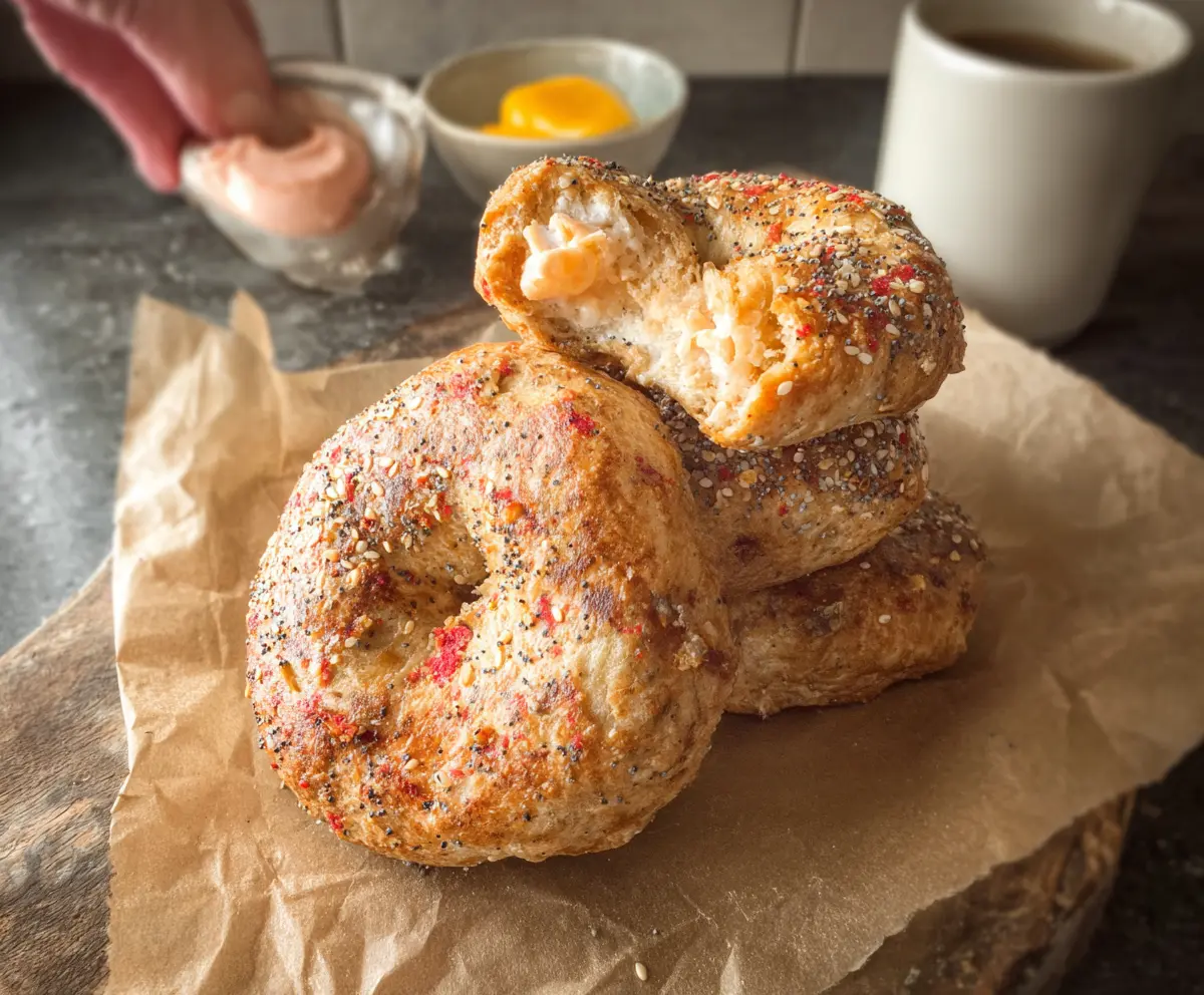 Delicious high protein bagels on a breakfast plate, perfect for a healthy morning meal