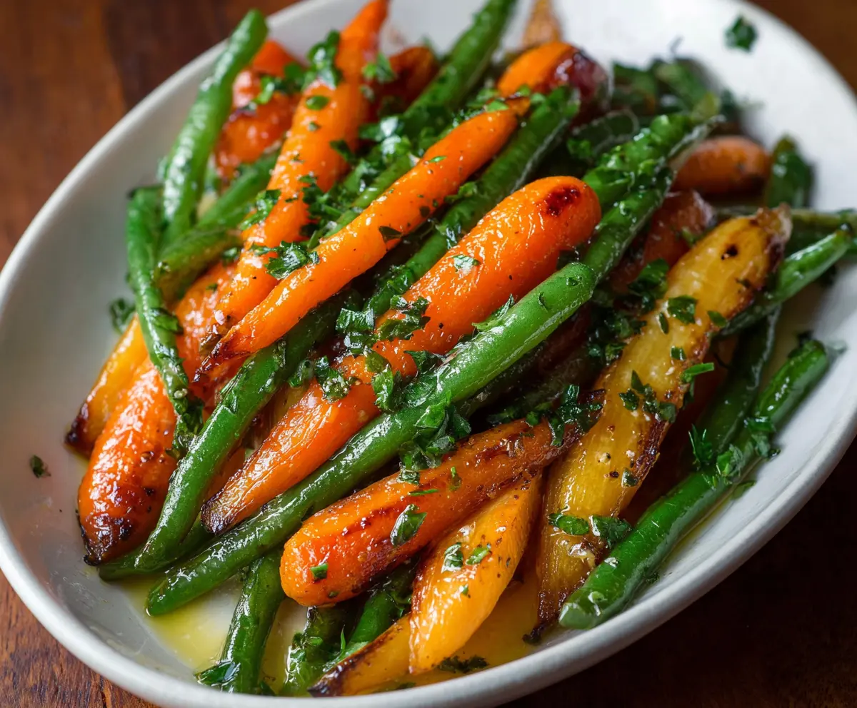 Colorful honey glazed carrots and vibrant green beans on a white plate, perfect for a healthy side dish.