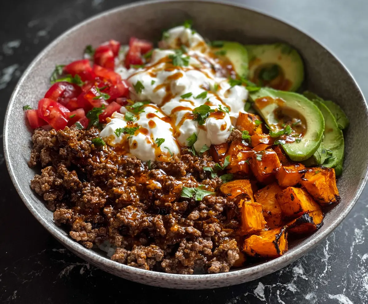 Delicious hot honey ground beef served in a bowl with vegetables on a rustic wooden table.