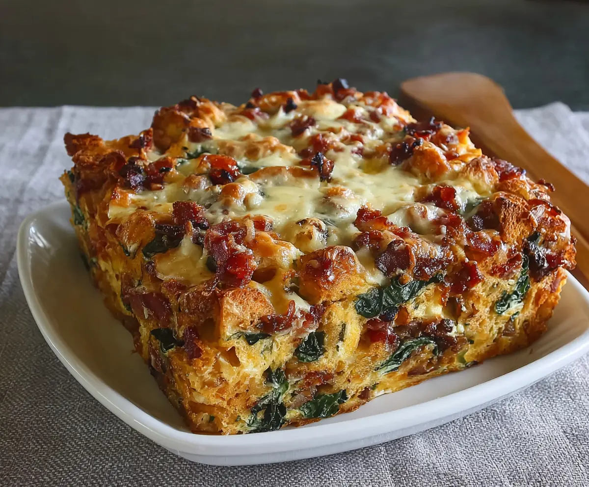 Delicious Italian Breakfast Strata with layers of cheese, bread, and fresh herbs, served hot and ready to enjoy.