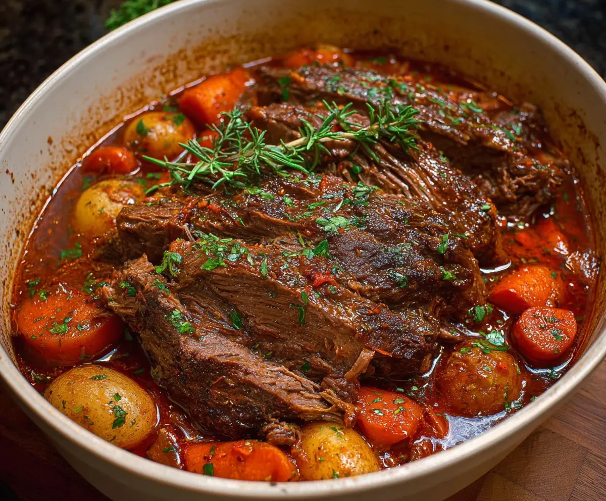 Delicious Italian Pot Roast (Straccato) served with fresh herbs and vegetables on a rustic wooden table.