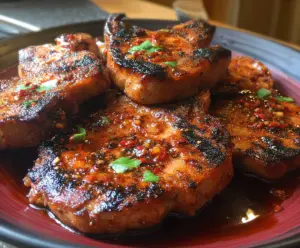 Juicy marinated spicy pork chops grilled to perfection with a flavorful marinade.