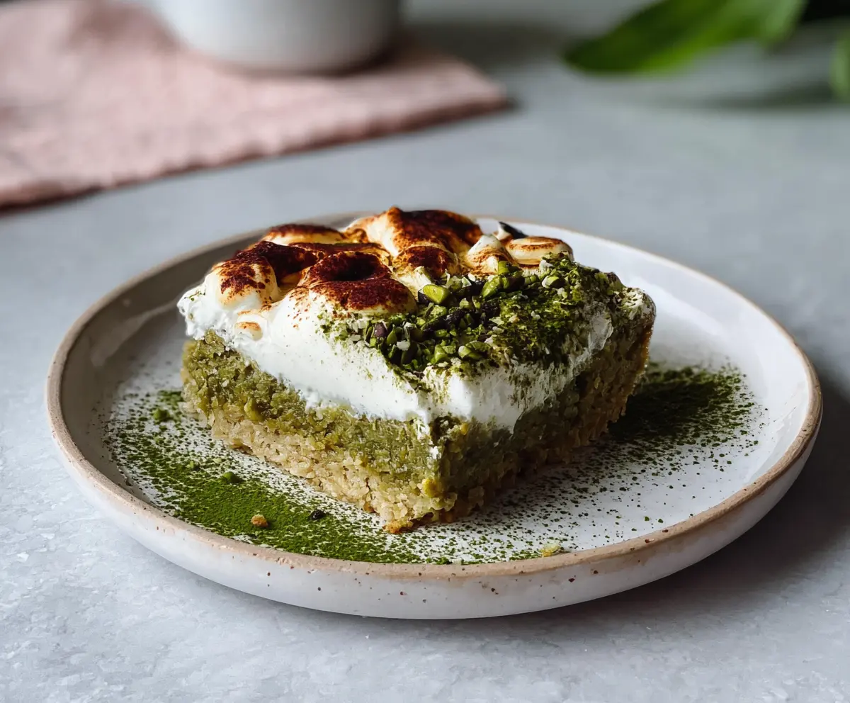 Delicious Matcha Tiramisu Baked Oats topped with fresh cream and cocoa powder, perfect for a healthy breakfast.