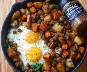 Savory Meat and Potatoes Breakfast Hash with crispy edges and colorful vegetables.