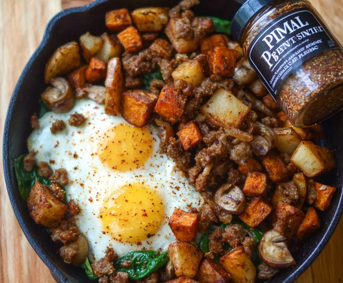Savory Meat and Potatoes Breakfast Hash with crispy edges and colorful vegetables.