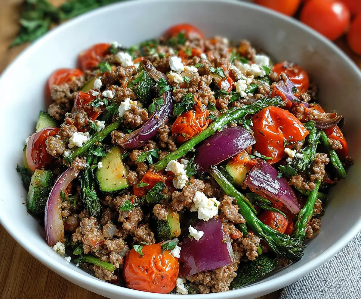 Delicious Mediterranean ground beef stir-fry with colorful vegetables and flavorful herbs.