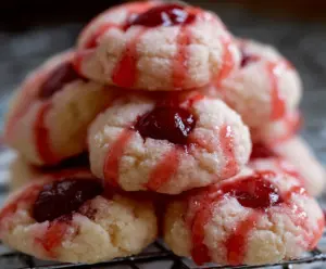 Delicious melt-in-your-mouth cherry shortbread cookies on a decorative plate.