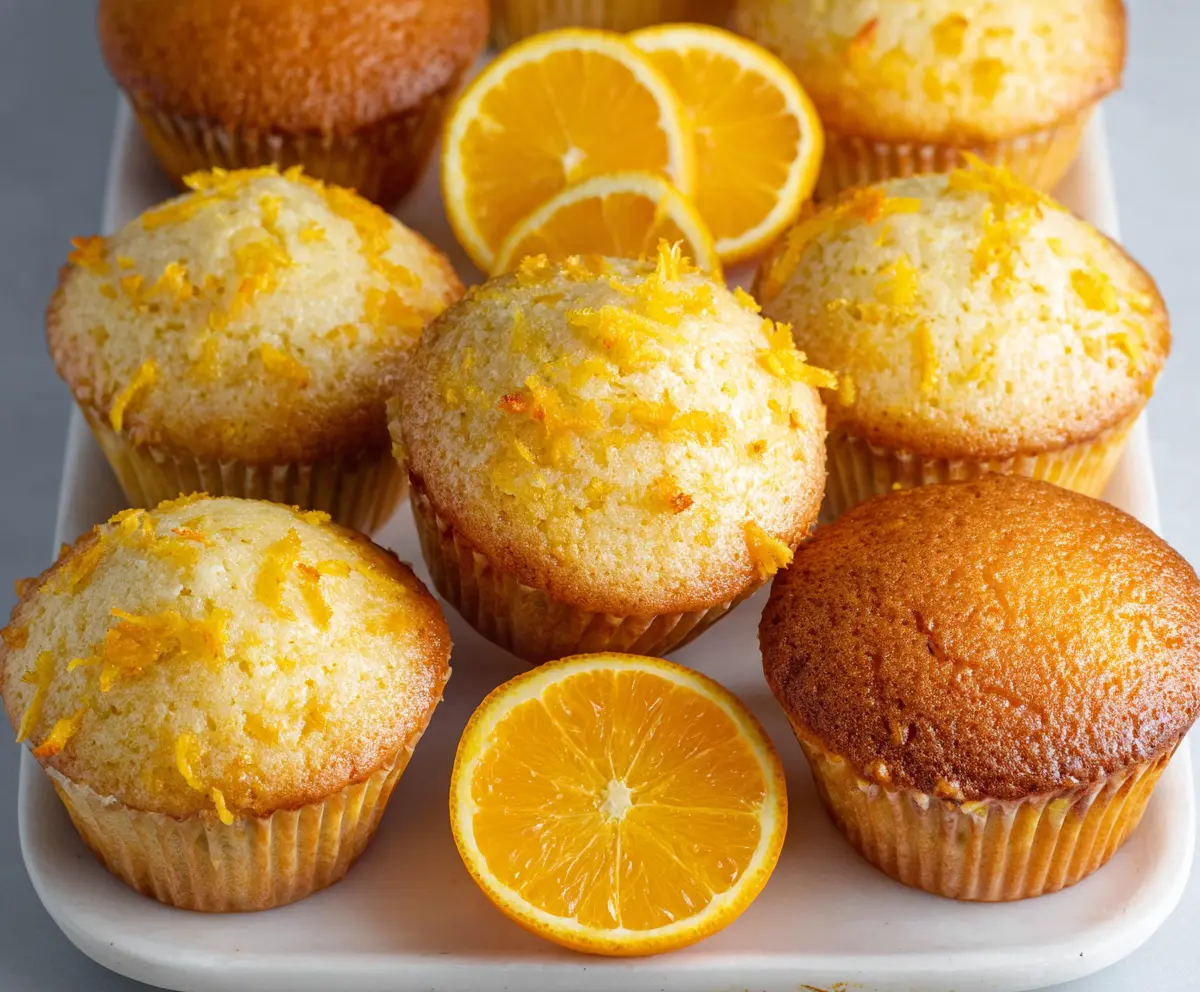 Fresh orange muffins on a baking tray, ready to be served, with vibrant orange peels and fluffy texture.