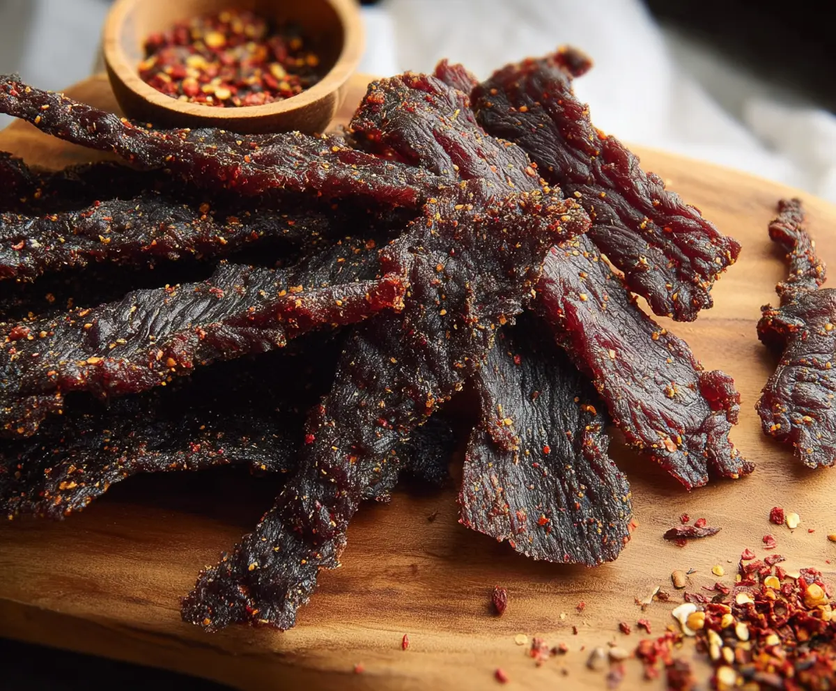 Homemade peppery beef jerky on a rustic wooden board, showcasing its spicy seasoning and chewy texture.