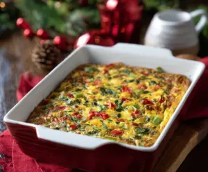 Colorful Red and Green Christmas casserole dish with festive vegetables and cheese for holiday dinner